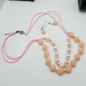 Pink Peach Silver Beaded 20" Necklace & Earrings